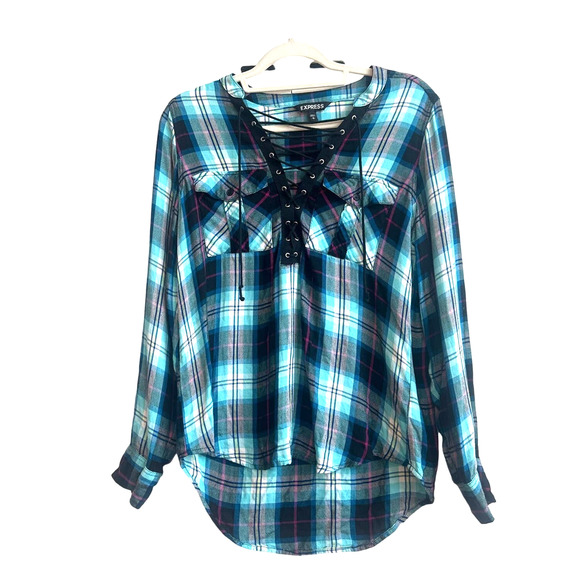 Express Blue, Black, and Pink Plaid Lace Up Long sleeves Hi-Low Blouse - Picture 1 of 5